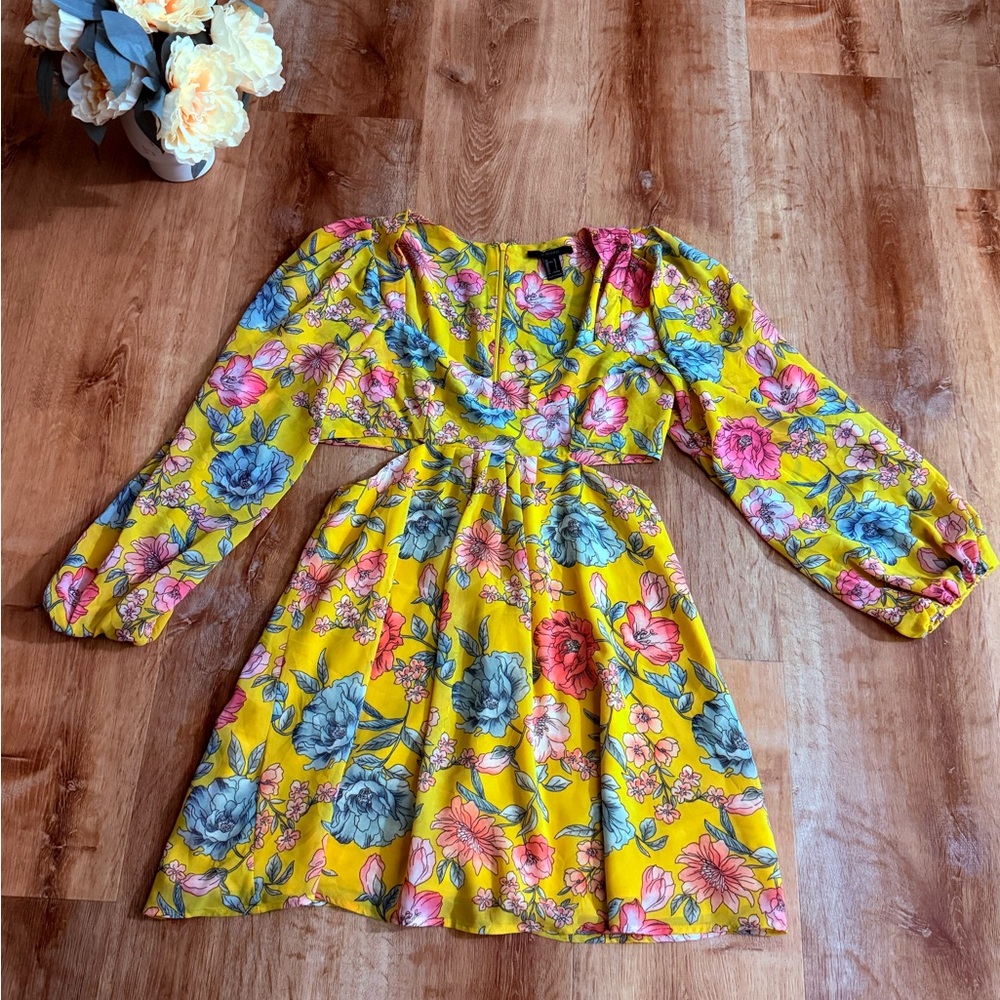 Forever 21 Yellow Floral  Dress with Blue & Pink Flowers